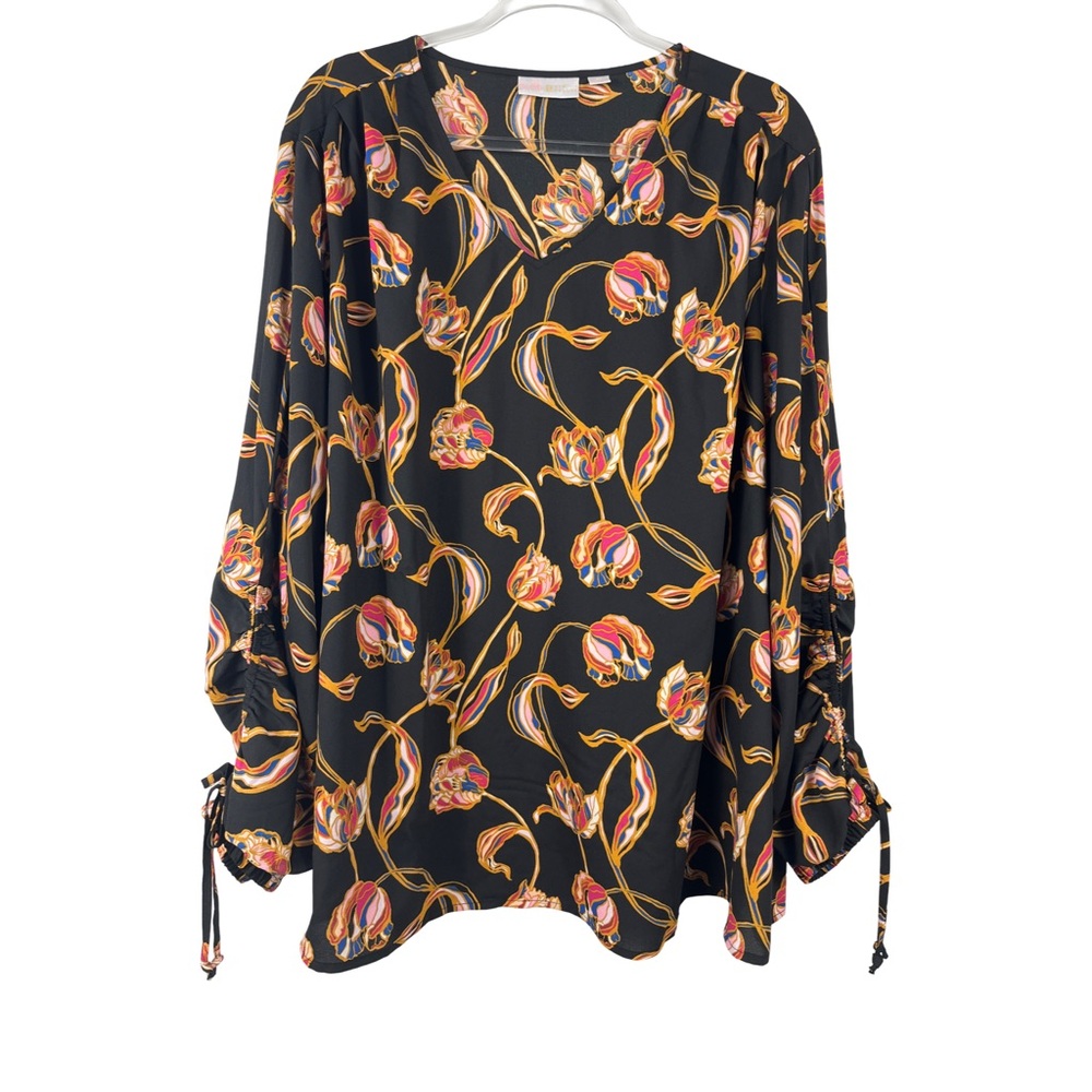 BELLE by Kim Gravel Floral Black Long Sleeve Tunic Blouse | 3X